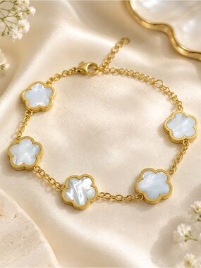 Gold & White Mother-of-Pearl Clover Link Bracelet - Women Jewelry